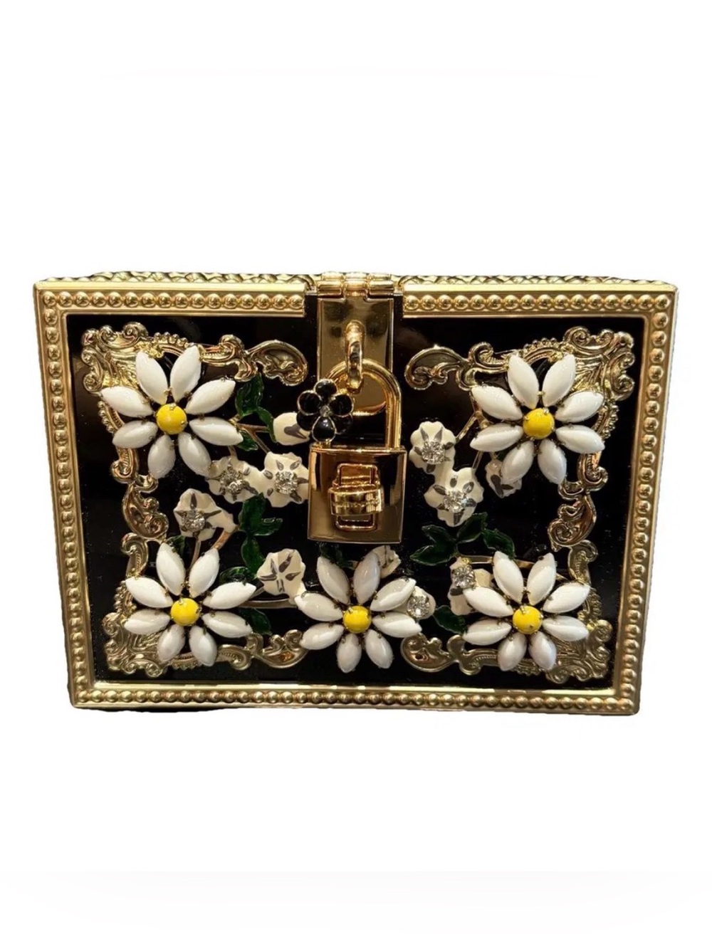 Dolce & Gabbana Gold Floral Daisy Box Clutch - Black/White/Yellow